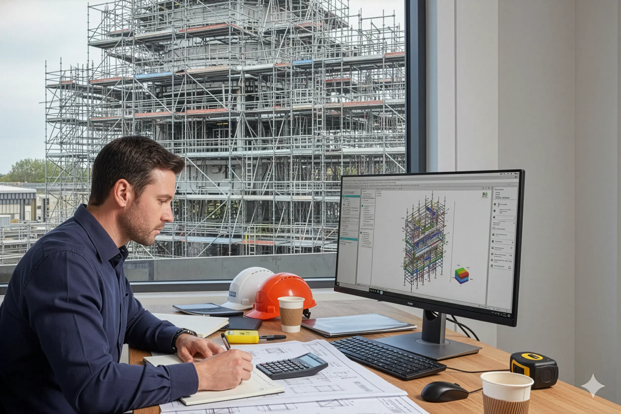 Ingénieur réalisant des calculs de charge pour une structure d'échafaudage