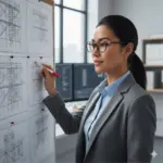 Nathalie, Ingénieur Méthodes chez Level, analysant des plans techniques d'échafaudage