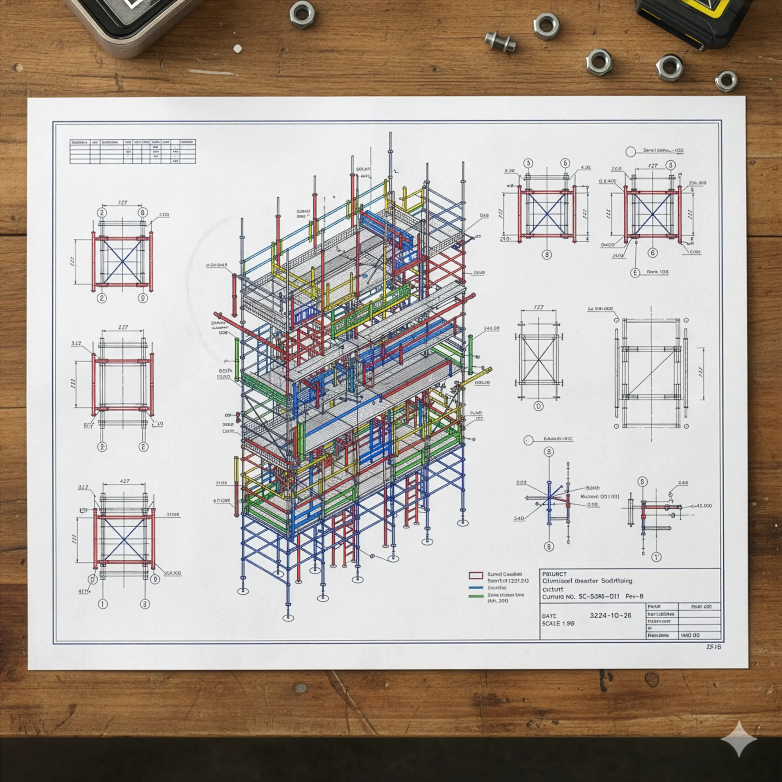 Plan technique détaillé pour le montage d'un échafaudage complexe